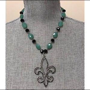 Large Hematite &Amazonite Fleur Dis Lis Necklace-Boutique